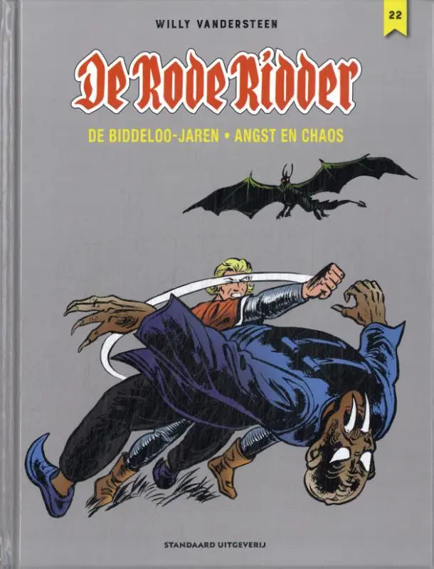 Grijze comic cover van de rode ridder met karel biddeloo illustratie van ridder in blauw tegen zwarte draak biddeloo-jaren angst