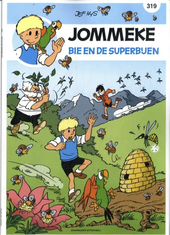 De cover van het jommeke stripboek bie en de superbijen toont een gele bijenkorf in groen gras als informatieve strips
