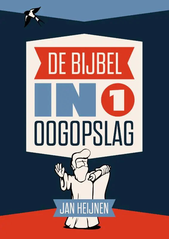De cover van de bijbel in 1 oogopslag van jan heijnen met een gestileerd wit figuur onder roodblauwe tekst op een donkere achtergrond