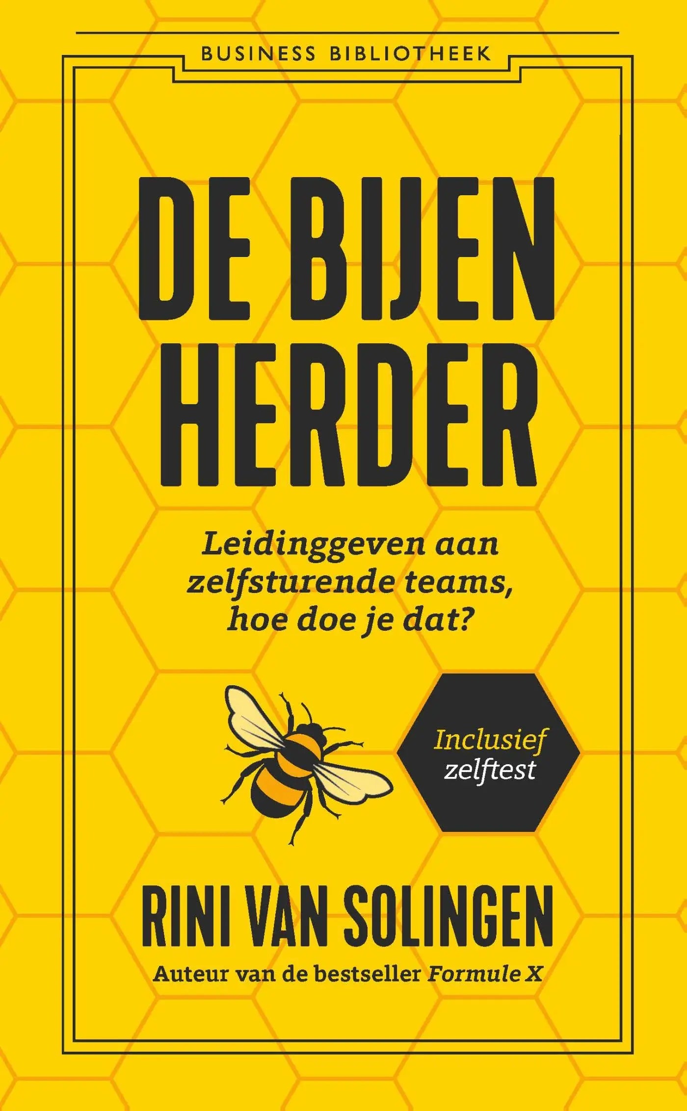 Helder geel boekcover van de bijenherder met vet zwarte tekst en een gestileerde bij over zelfsturende teams