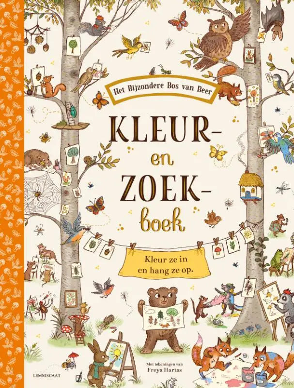 Kleur- en zoekboek het bijzondere bos van beer met illustraties van bosdieren die schilderen rondom bomen