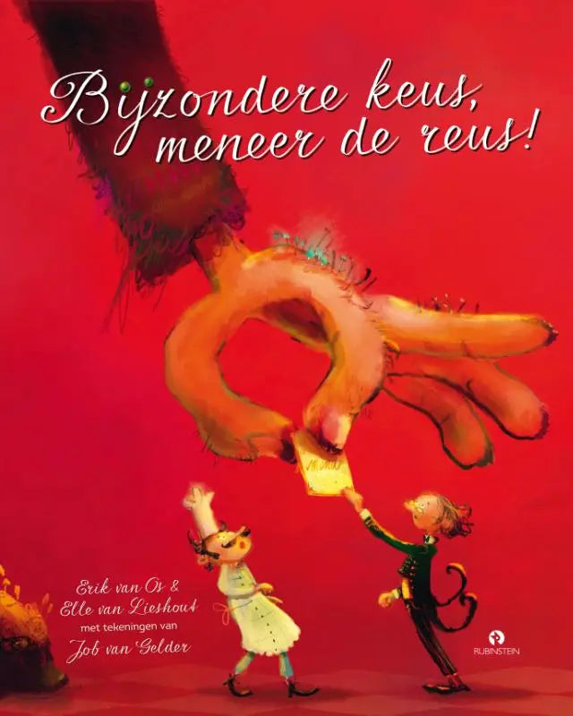 Whimsical kinderenboek cover van bijzondere keus meneer de reus met hand die geel envelop tegen rood vasthoudt voor jonge lezers