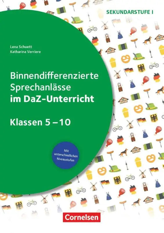 Groen boek met witte tekst en kleurrijke duitse iconen voor binnendifferenzierte sprechanlässe im daz-unterricht