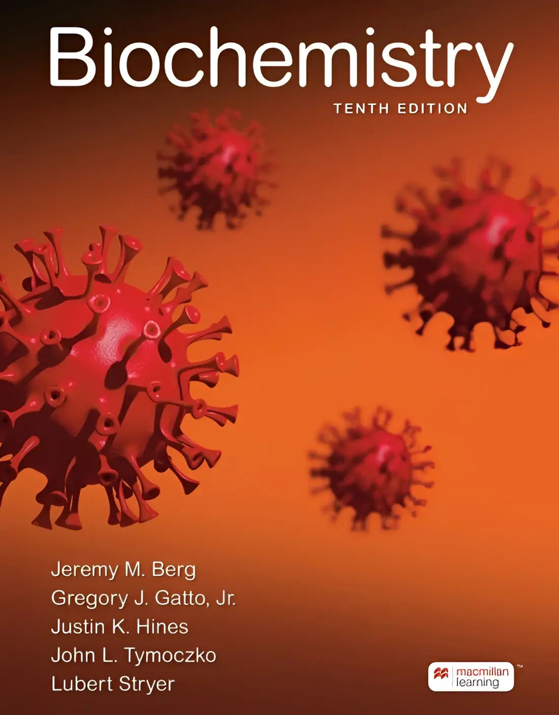 De cover van het biochemie leerboek 10th edition van macmillan learning toont een oranje achtergrond met rode virusdeeltjes
