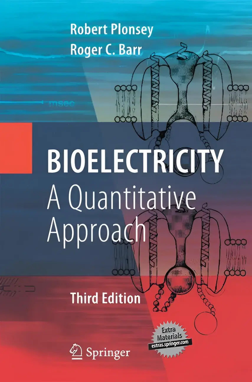De boekcover toont een wetenschappelijke illustratie van ionkanalen met de titel bioelectricity een quantitative approach