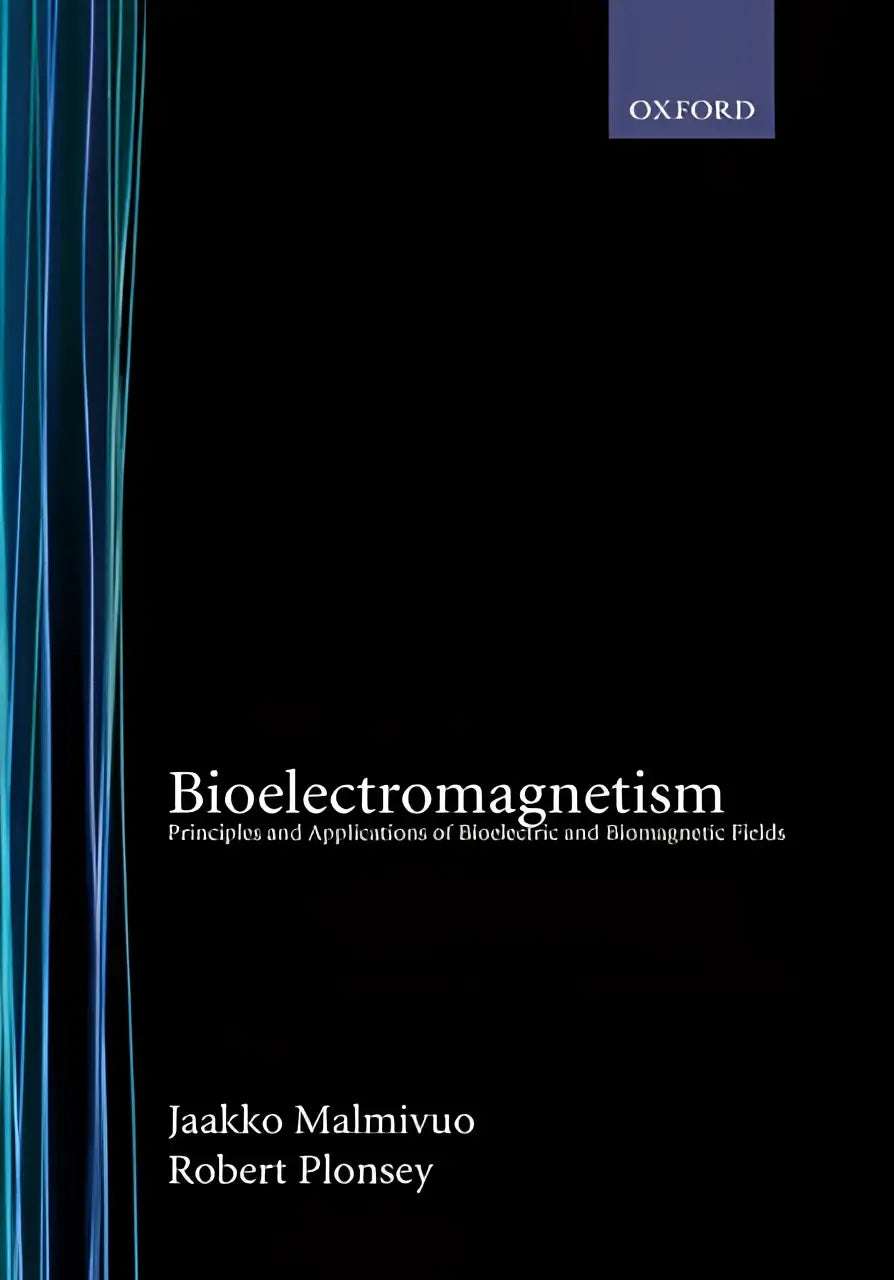 Zwart hardcoverboek bioelectromagnetism met teal lichtstrepen en witte tekst over bioelectric en principes en toepassingen