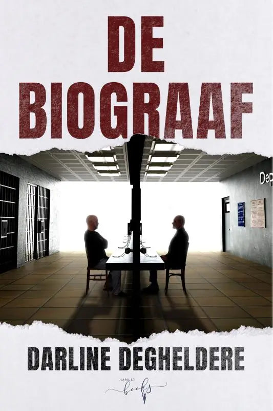De biograaf boekcover met rode distressed letters en zwart-wit silhouet van twee mannen in verhoorkamer