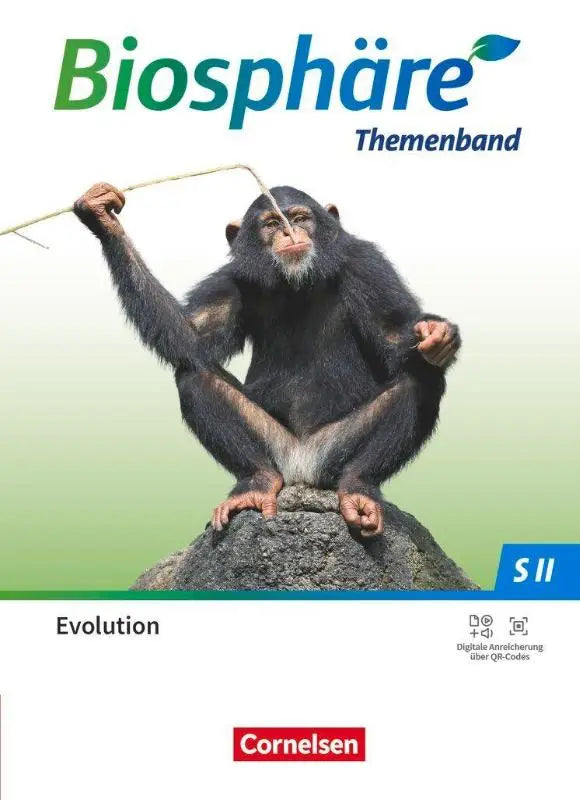 De cover van biosphäre sekundarstufe ii 2.0 bevat een zwarte chimpansee met grijswitte vacht zittend op een rots