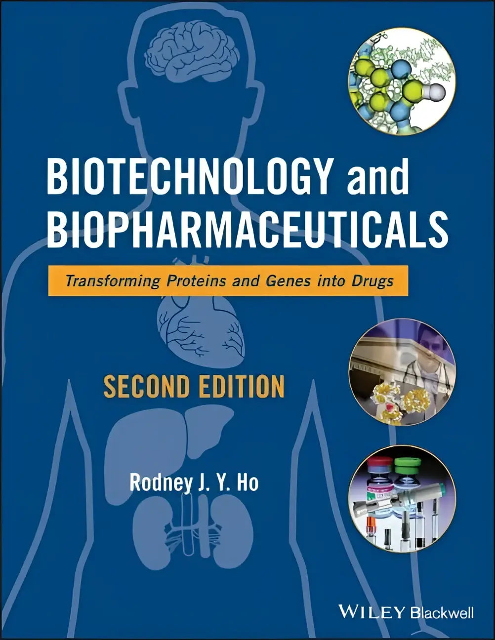 Blauw hardcover leerboek biotechnology and biopharmaceuticals tweede editie over eiwitten en genen omzetten in geneesmiddelen