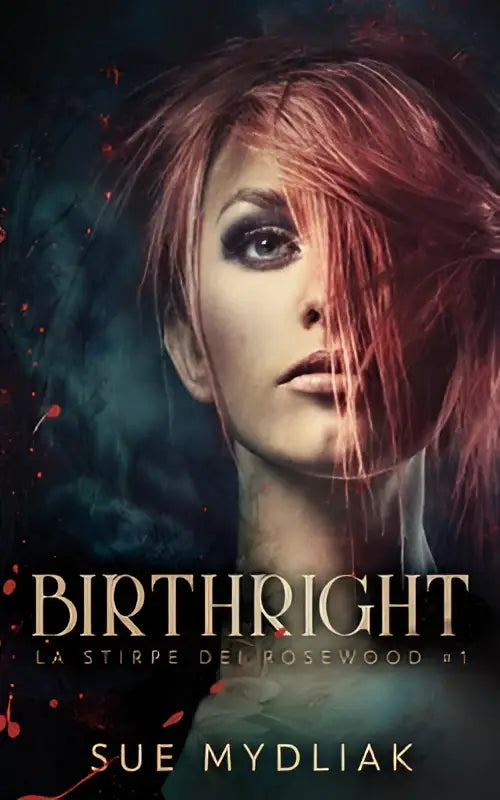 Een opvallende roodharige vrouw met dramatische make-up tegen een donkere achtergrond voor stirpe dei rosewood urban fantasy Birthright
