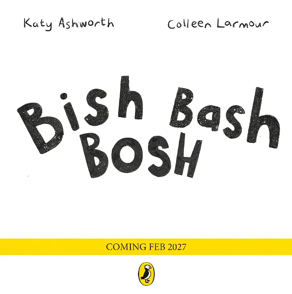 Zwart handgetekend bish bash bosh titel op wit boekomslag met gele banner en Penguin logo