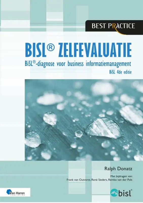 De cover van het bisl® zelfevaluatie boek met een teal en witte design en waterdruppels voor business informatiemanagement bisl®-diagnose