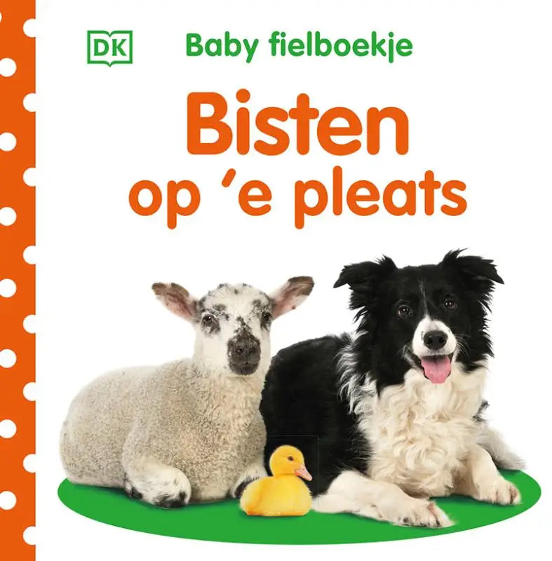 Een zwart-witte border collie met pluizige vacht zit naast een wollen lam op de cover van het baby fielboekje bisten op e pleats