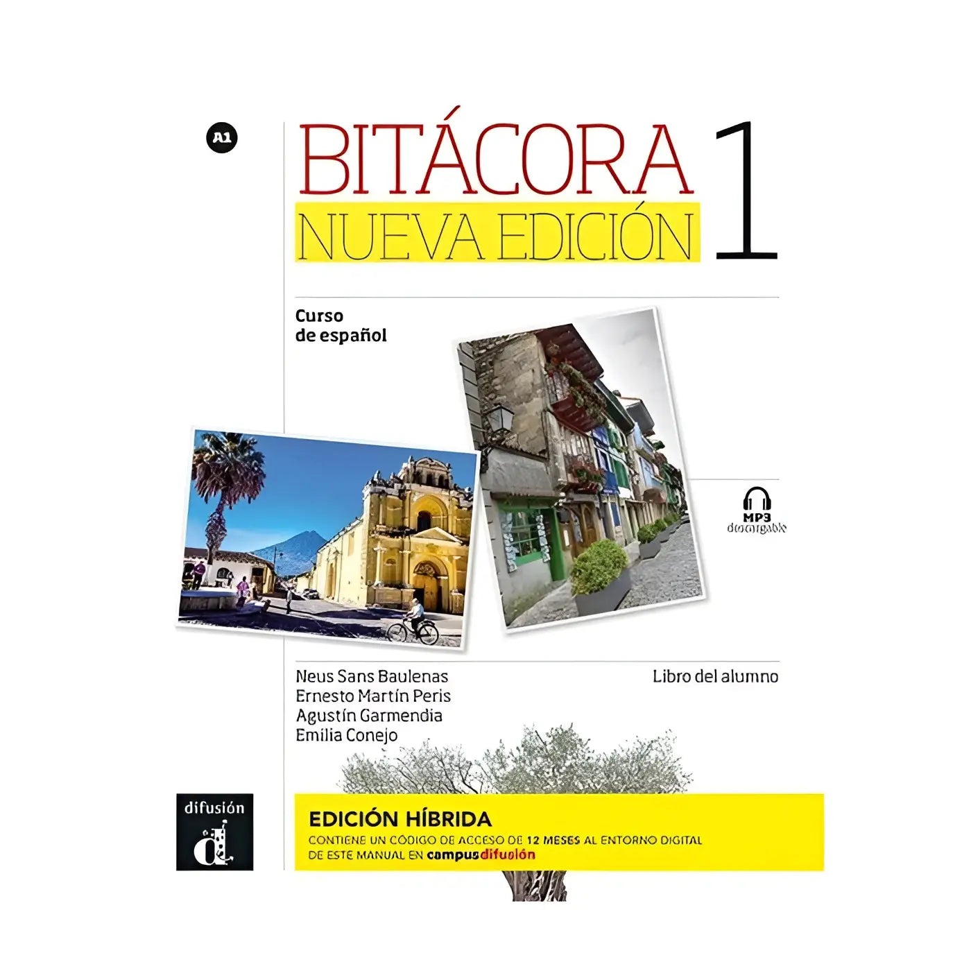 De voorkant van de bitácora nueva edición 1 Spaanse cursusboek met een witte achtergrond en roodgele tekst