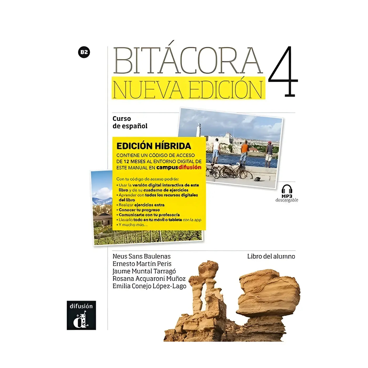 De voorkant van het bitácora nieuwe editie 4 spaans leerboek hybride editie met digitale toegang en landschapsafbeeldingen
