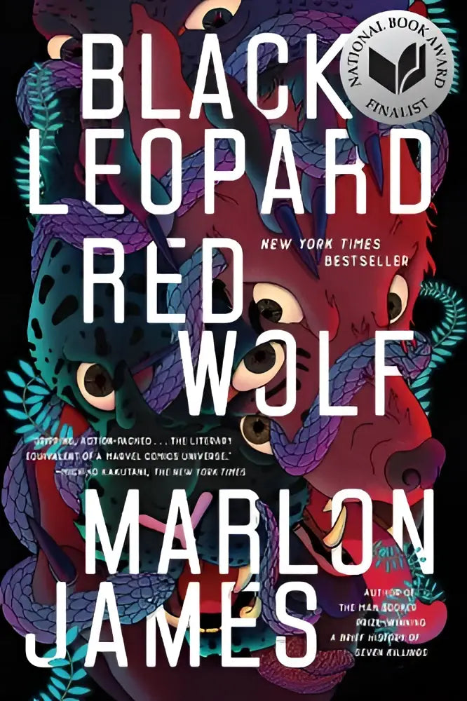 Boekcover van black leopard red wolf met gestileerde illustratie van zwarte luipaarden en rode wolven in rood, paars en blauw