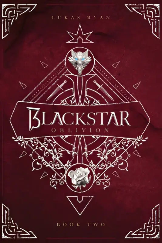 De albumhoes van blackstar oblivion door lukas ryan toont witte geometrische en bloemmotieven op rood