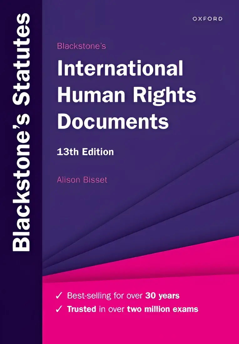Paars en roze hardcover boek blackstones international human rights documents 13e editie door alison bisset over internationale mensenrechten