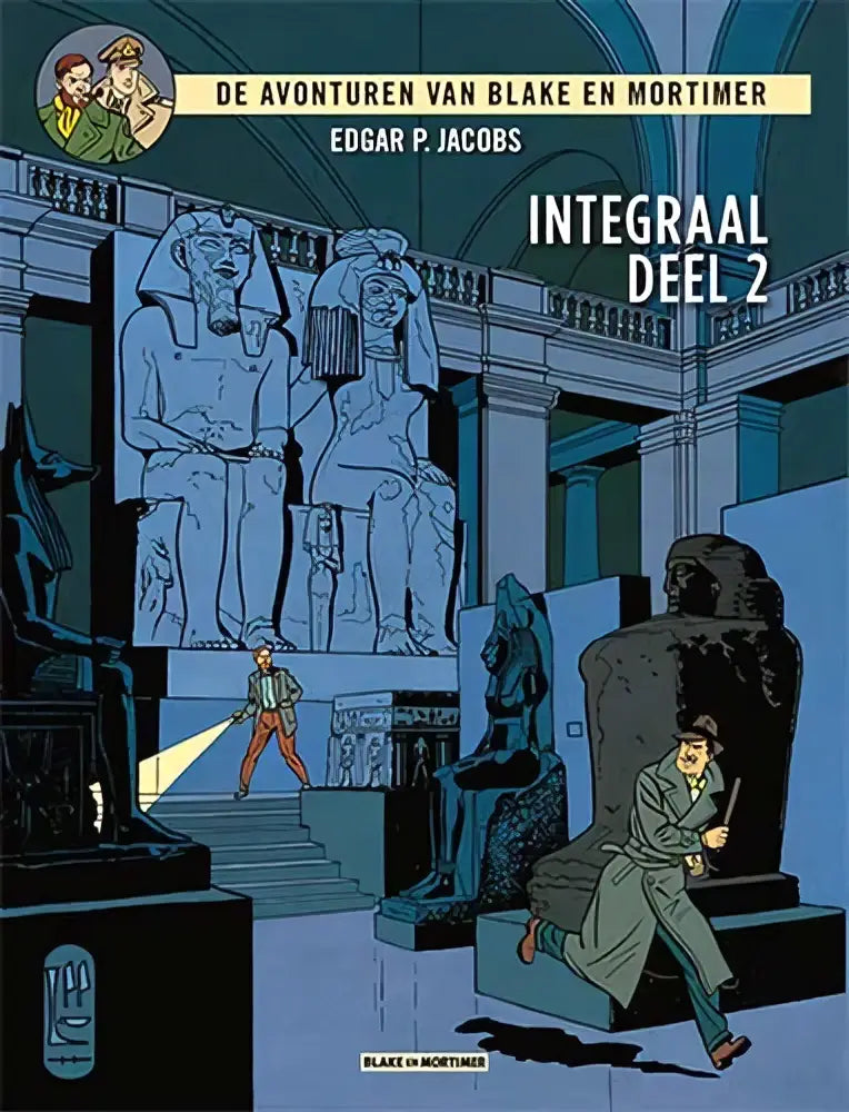 Blake & mortimer integraal 2 blauwe stripboekcover met egyptische beelden en personages in museum door edgar pierre jacobs