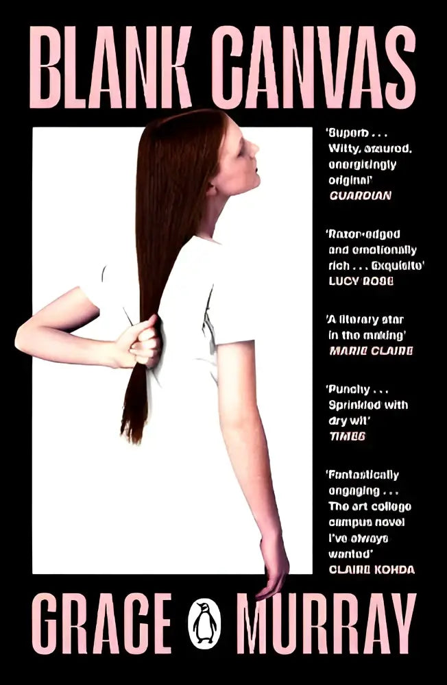 De boekcover van blank canvas door grace murray toont een vrouw met lang donker haar in een wit t-shirt met narrative theme