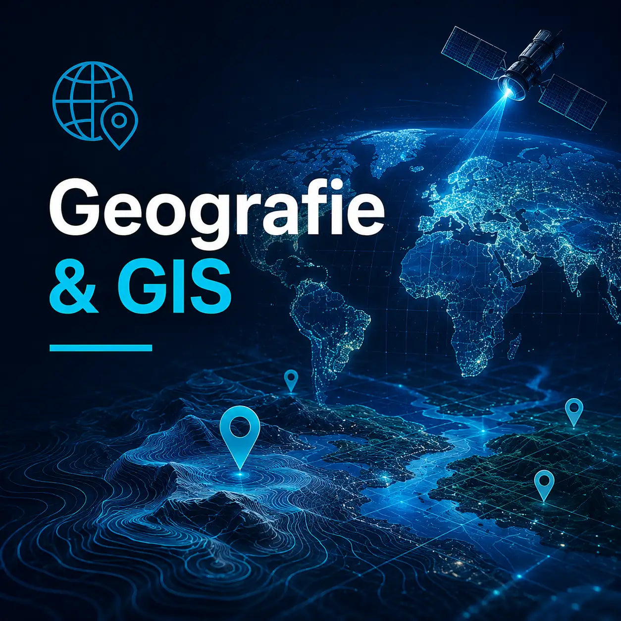 Blauwe digitale wereldbol met gloeiende netwerklijnen en satellietbeelden, met de tekst 'geografie & gis' in wit en cyaan.
