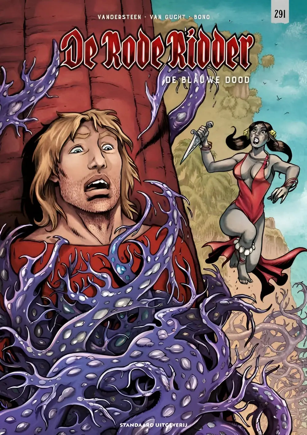 De cover van de comic de rode ridder blauwe dood toont een man in rood gevangen in blauwe paarse tentakels