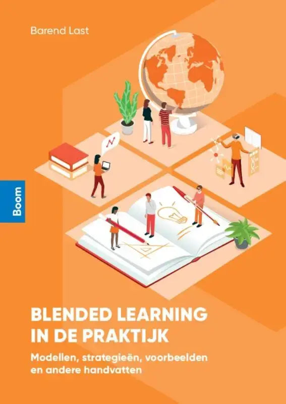 Oranje globe met witte rasterlijnen en lichtere continenten op een witte standaard ondersteunt docenten in blended learning in de praktijk
