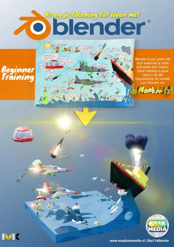 Blender beginner training poster met kleurrijke cartoon illustraties van vliegtuigen, schepen en 3d karakters