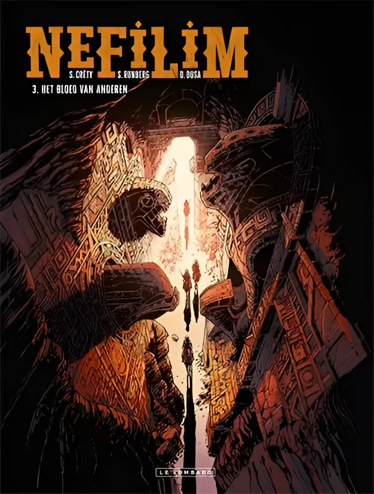 De cover van het stripboek nefilim het bloed van anderen toont een donkere scène met stenen gebeeldhouwde deur en oranje licht
