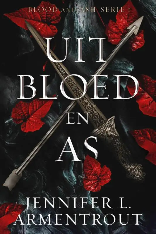 De boekcover bloed en as toont een donker gotisch ontwerp met twee gekruiste zwaarden en rode rozenblaadjes op zwart