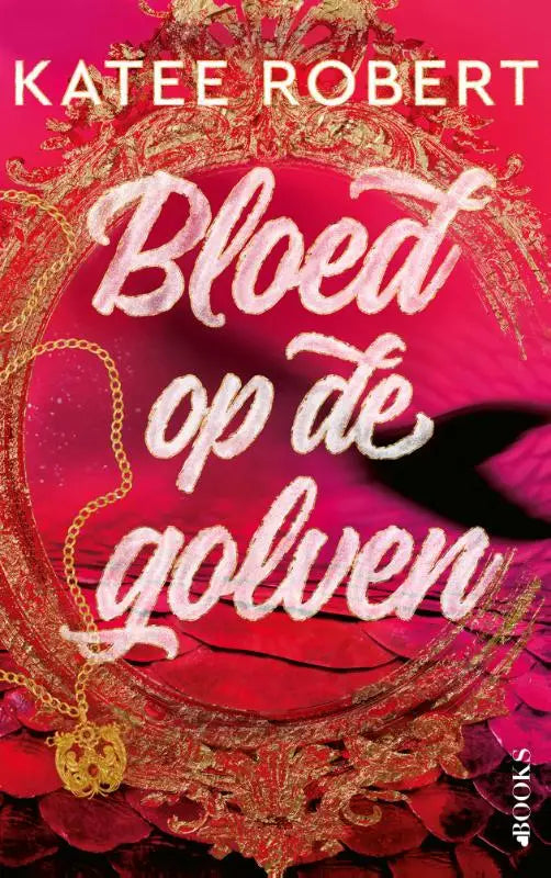 Een goudkleurige sierlijke ketting met een gedetailleerd hangertje op een roze achtergrond bloed op de golven katee robert crimson sails love books