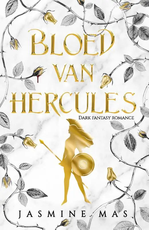 Goldfolie lettertekening en silhouet van een krijger op witte marmeren achtergrond voor bloed van hercules product