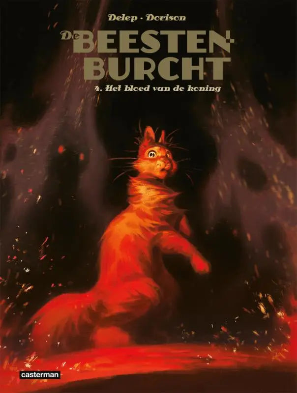 Illustratie van een vurige oranje kat op de donkere cover van het vierde de beesten burcht album door xavier dorison en delep, casterman strips