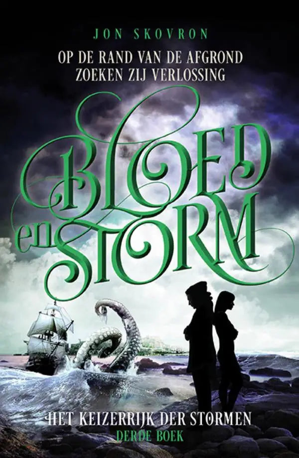Green ornate lettering spells out bloed en storm on a dark stormy seascape book cover by jon skovron with luitingh sijthoff fantasy