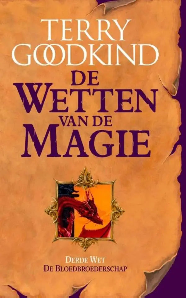De Bloedbroederschap boek met rode draak in gouden lijst op oranje perkament, terry goodkind luitingh sijthoff fantasy