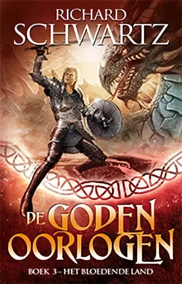 Het boek bloedende land door richard schwartz toont een zwarte en gouden cover met ridder en draak illustratie