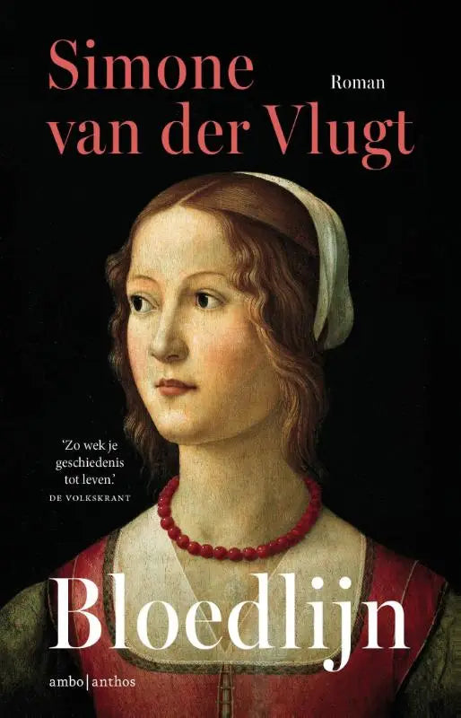 Red kralenhalsketting gedragen door vrouw in renaissancestijl portret op boekomslag bloedlijn