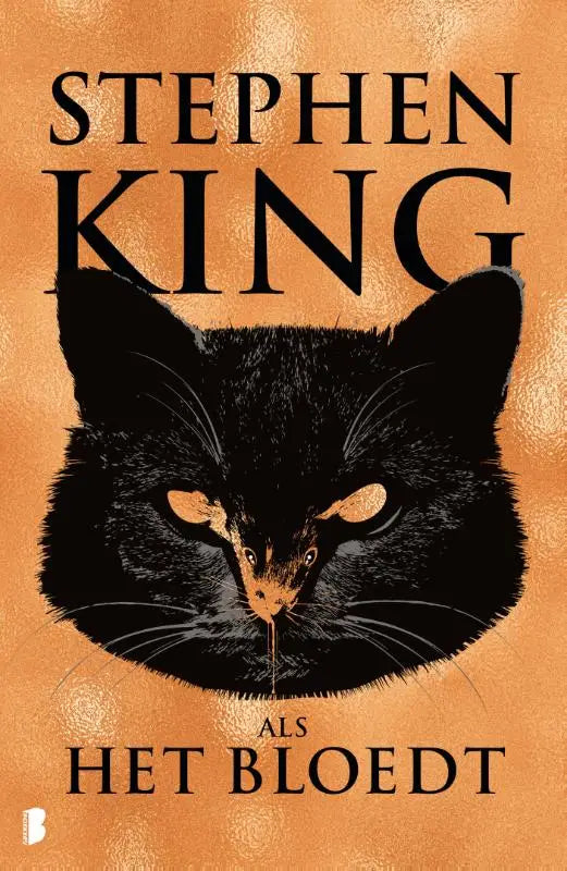 Een opvallende illustratie van een zwarte kat met gloeiende amberkleurige ogen en bloeddruppel op de neus op een oranje achtergrond voor als het bloedt product