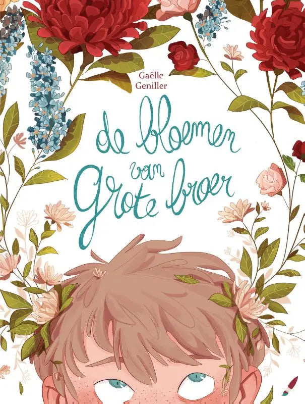 Whimsical kinderboek cover met jongen en kleurrijke bloemenillustraties voor de grote broer thema boek de bloemen van grote broer