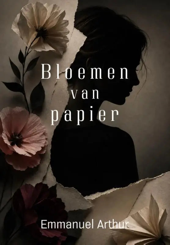 De boekcover van bloemen van papier toont een silhouet van een vrouw tegen zachte cream en rozenkleurige papieren bloemen