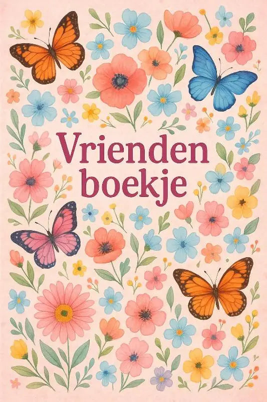 Pastelroze bloemen en vlinders vriendenboekje met oranje, blauwe, roze en gele illustraties voor 32 vrienden