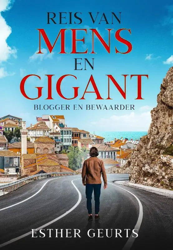 Boekcover van blogger en bewaarder reis van mens en gigant met persoon op weg langs kust onder blauwe lucht