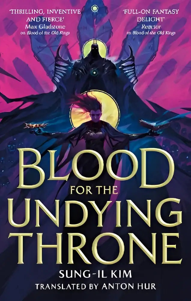 De boekomslag van blood for the undying throne toont gouden titel op donkerpaars magenta achtergrond met vleugelachtige silhouetten