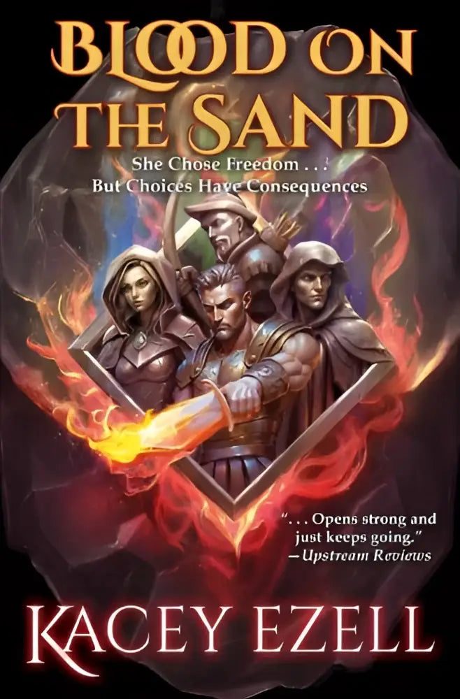 De boekcover van blood on the sand toont vier gewapende krijgers tegen een vurige achtergrond met gouden tekst