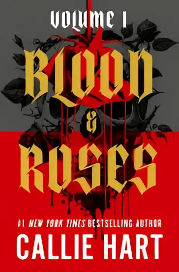 De boekcover van blood & roses volume 1 toont goudkleurige letters op een rood-zwart bloemrijk ontwerp voor een dark and steamy roman