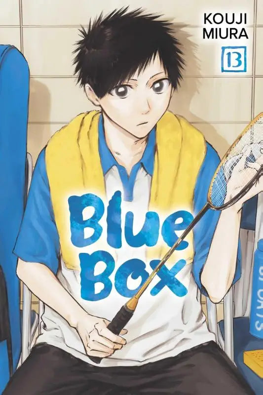 Blue box volume 13 manga cover featuring a young man with a yellow towel holding a badminton racket