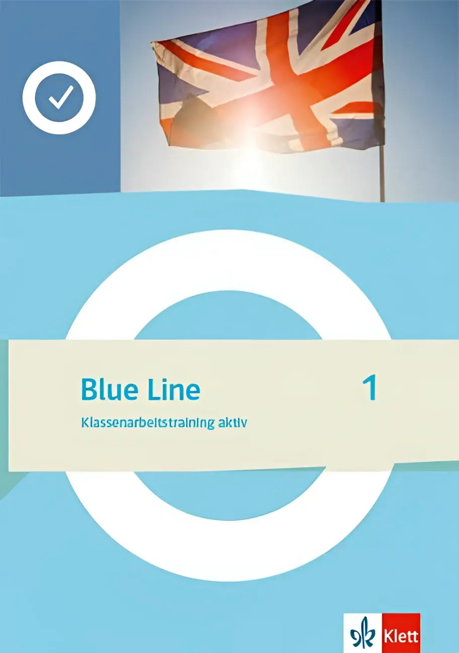Blue line 1 aktiv klasse workbook met lichtblauwe omslag en union jack vlag voor klasse 5 klassenarbeitstraining