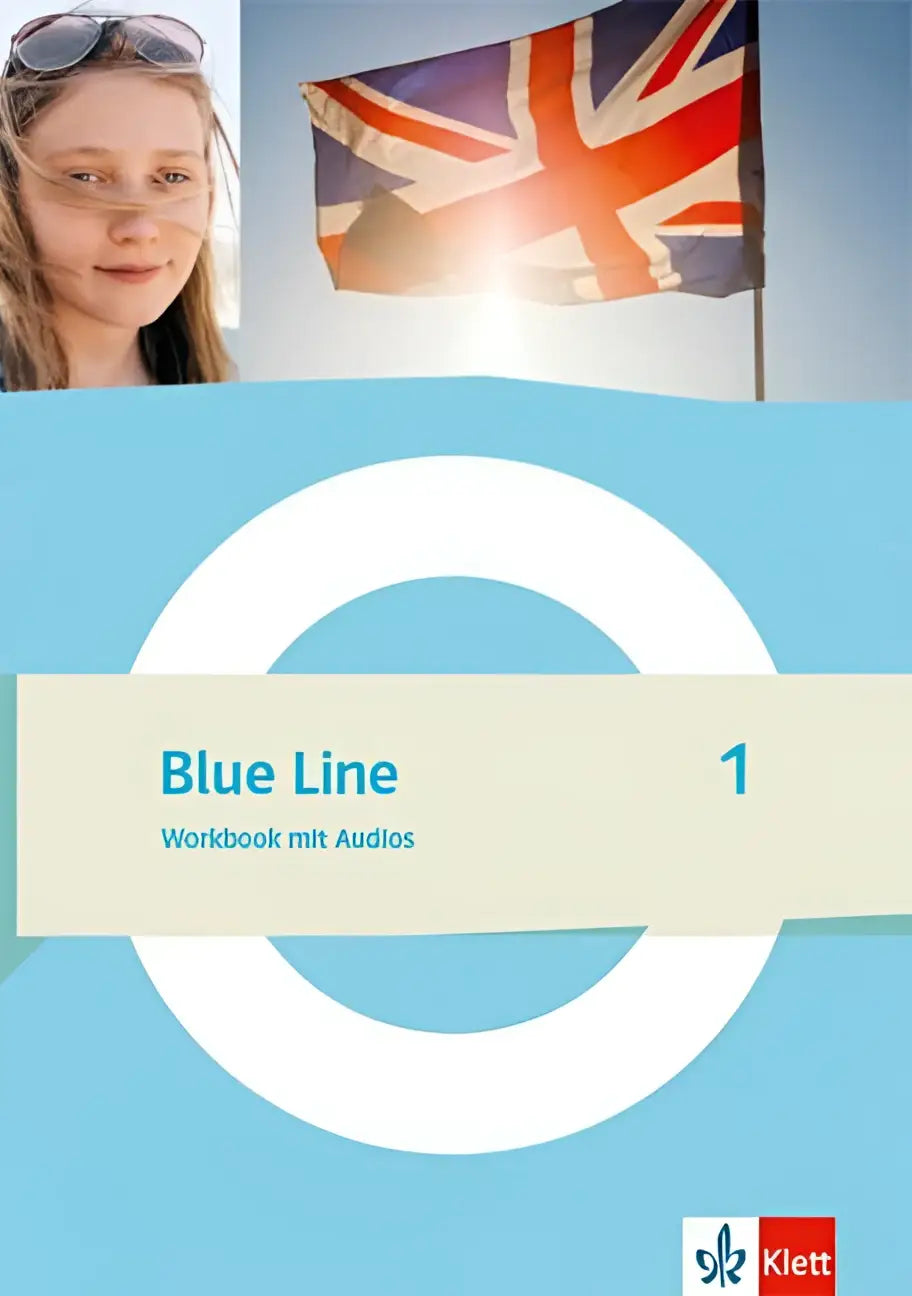 Blue line 1 workbook mit audios klasse 5 von klett mit hellblauem cover und weißem kreisdesign