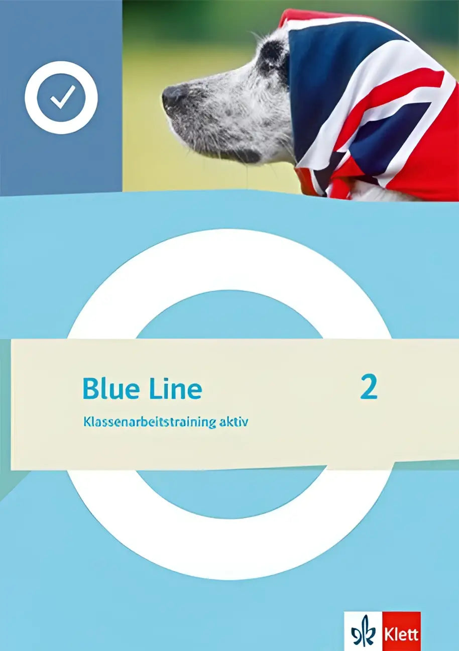 Blue line 2 aktiv klasse 6 klassenarbeitstraining workbook met hond in union jack cap op cover