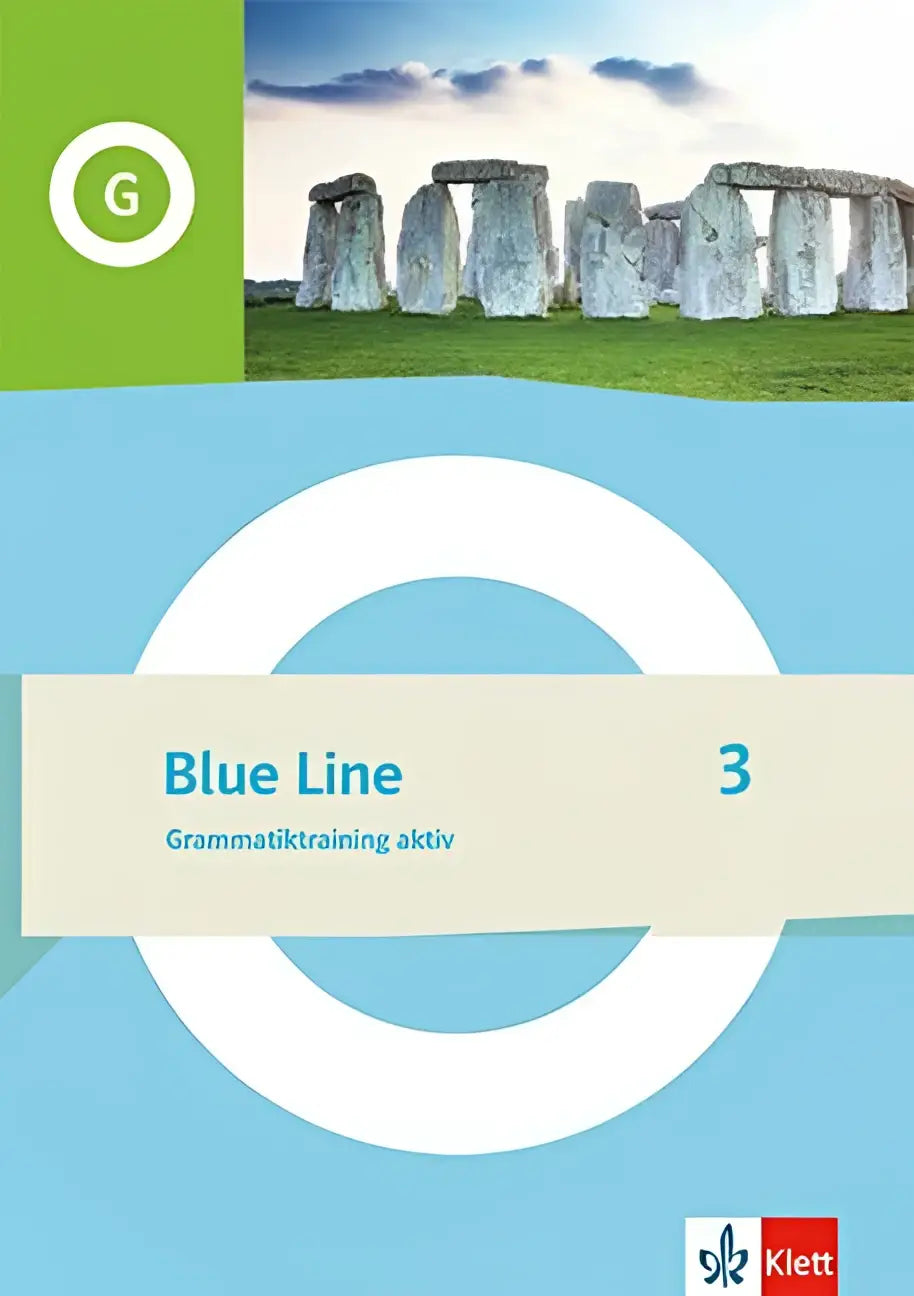 Blue line 3 grammatiktraining aktiv klasse 7 workbook met stenen cirkel illustratie op de omslag